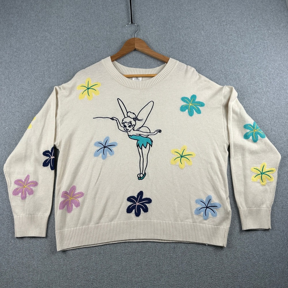 Disney Sweater Womens XL Tinker Bell Cream Floral Crewneck Pullover Disney Parks